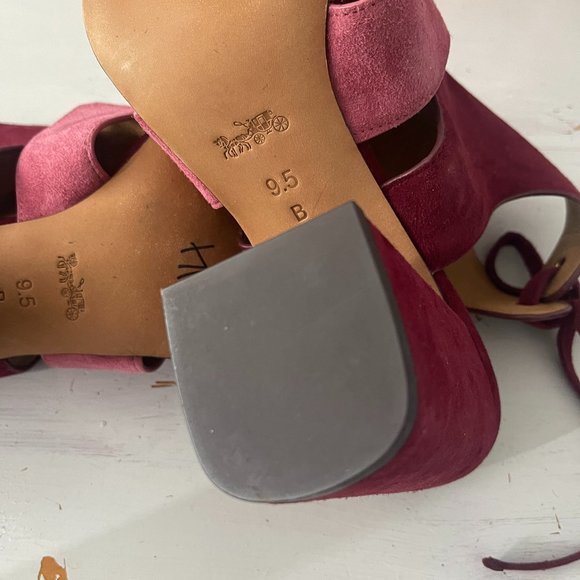 Coach Minetta Color Block Suede Heels Pink Burgundy Block Heel Ankle Tie Sz 8.5 - Picture 3 of 9